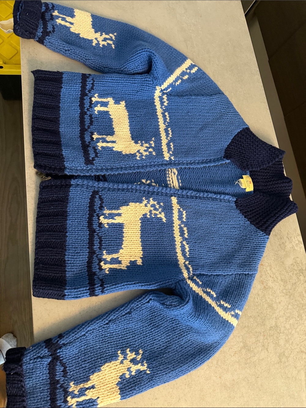 Vintage Blue Zip-Up Chunky Knit Sweater with Cream Reindeer